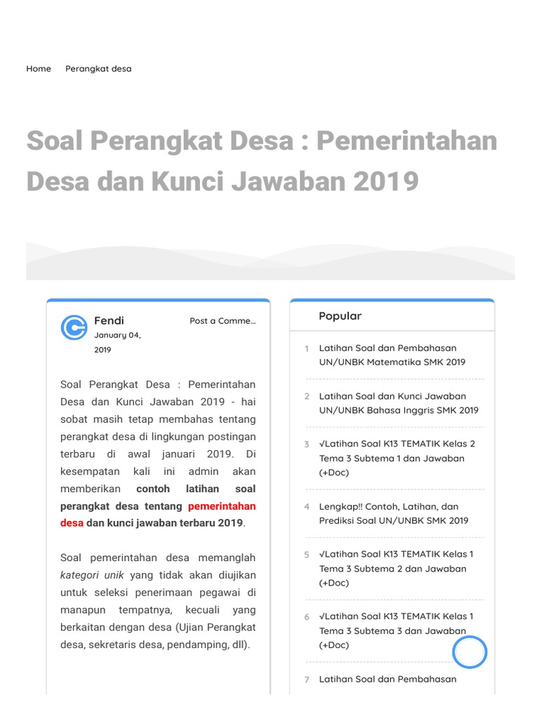 Soal Perangkat Desa Pemerintahan Desa Dan Kunci Jawaban 2019 Centraledukasi