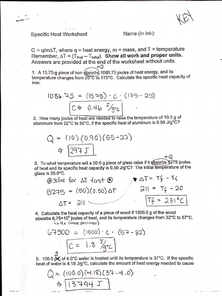 Heat Calculations Worksheet Pdf Answers