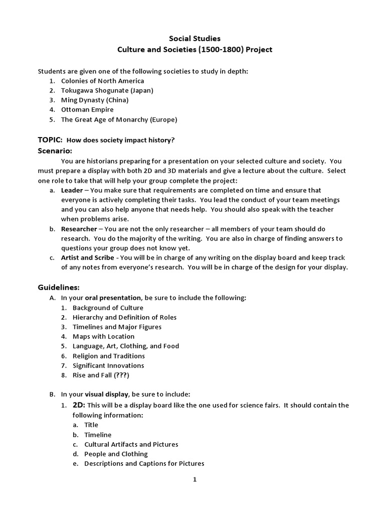 Social Studies Culture and Societies (15001800) Project How Does