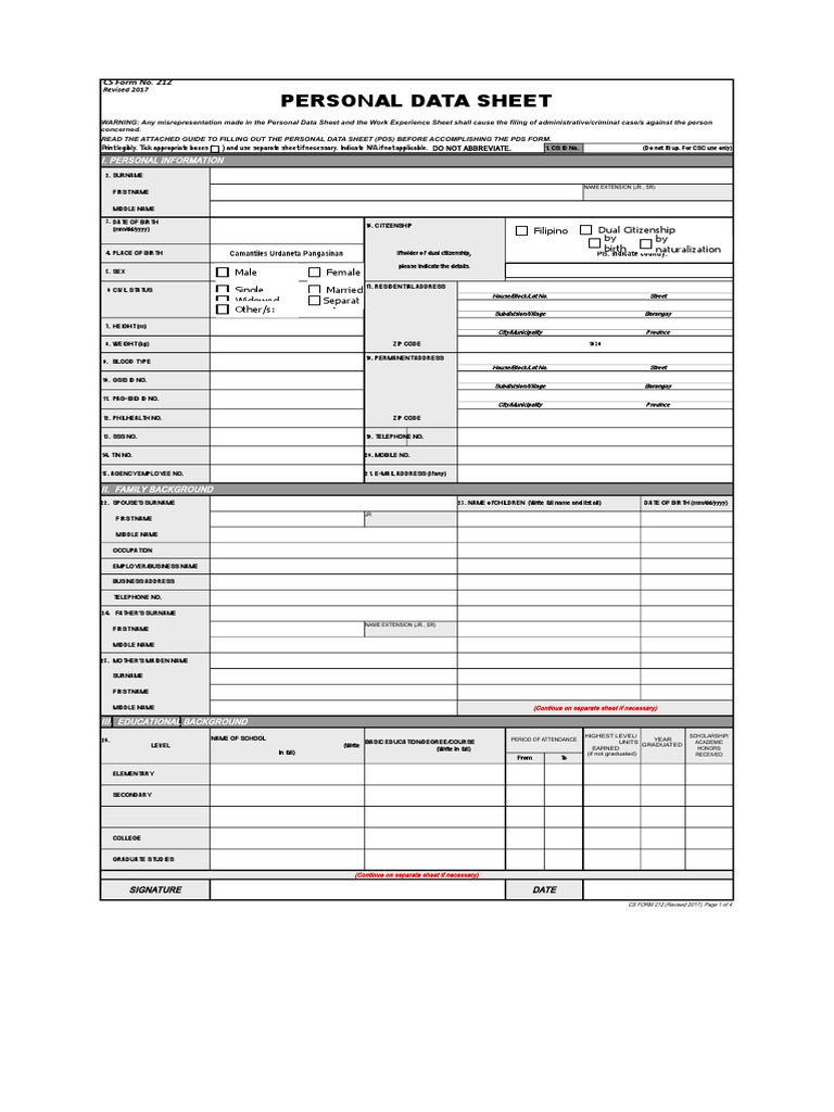 Personal Data Sheet: Filipino Dual Citizenship by Birth by ...