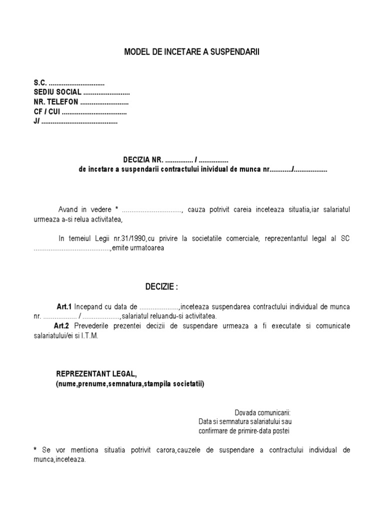 Model Decizie Incetare Suspendare Cim PDF