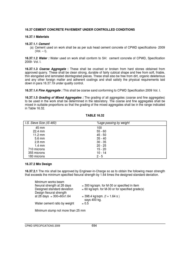 CPWD Specifications for Concrete Pavement | PDF | Construction ...