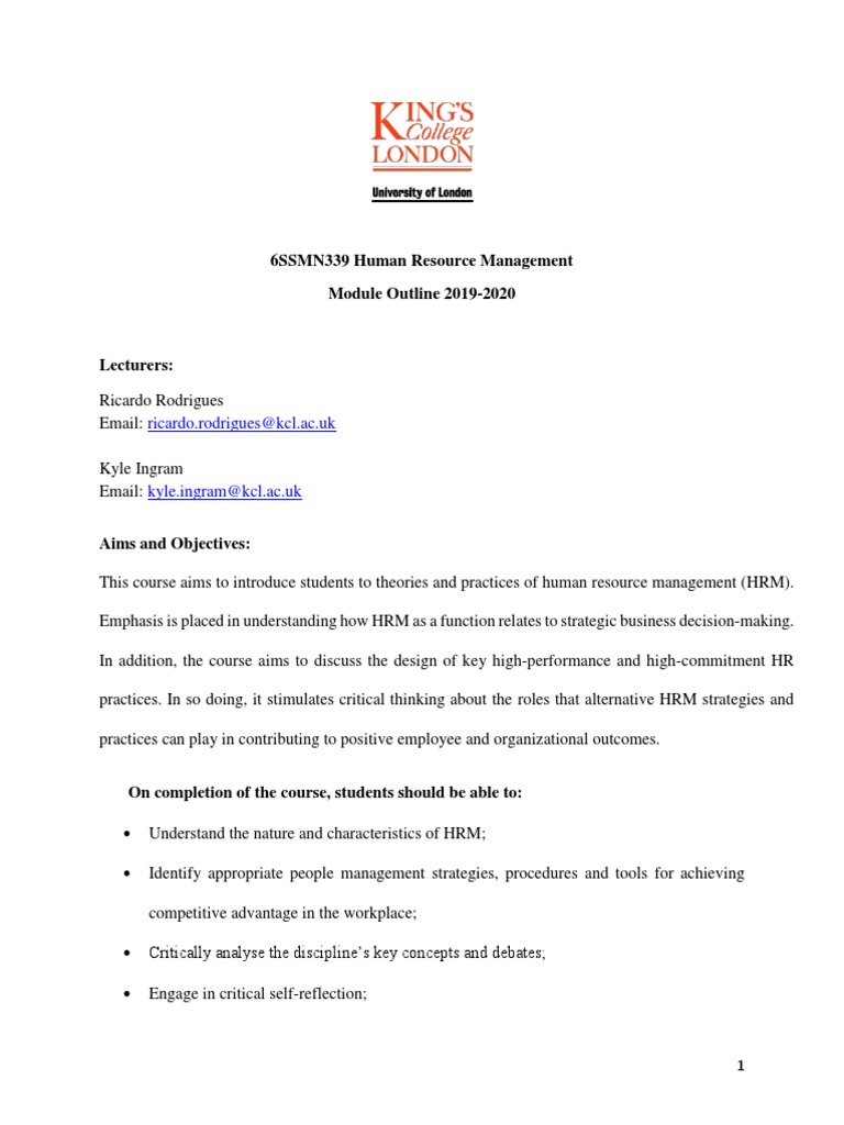 Human Resource Management Course Outline | PDF | Human Resource ...