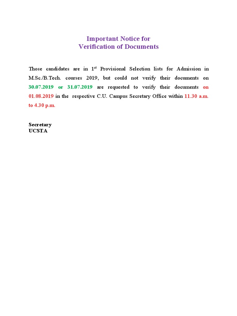 M.Sc./B.Tech. Document Verification Notice | PDF