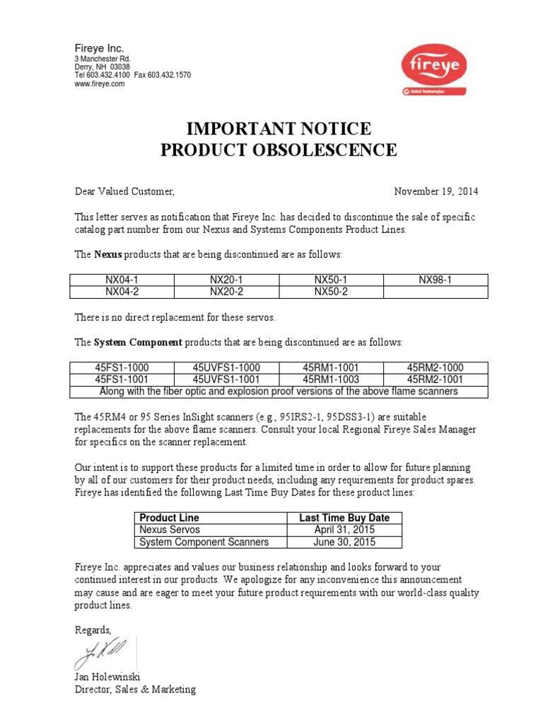 Fireye Product Discontinuation Notice | PDF | Technology & Engineering