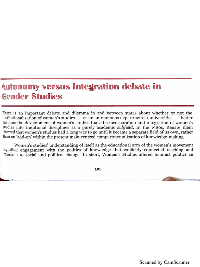 Autonomy Vs Integration Debate in Gender Studies PDF | PDF