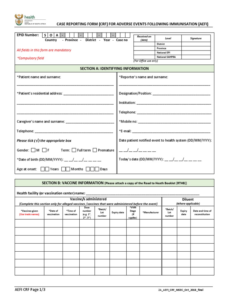 AEFI Case Reporting Form (CRF) | PDF | Fever | Immunology