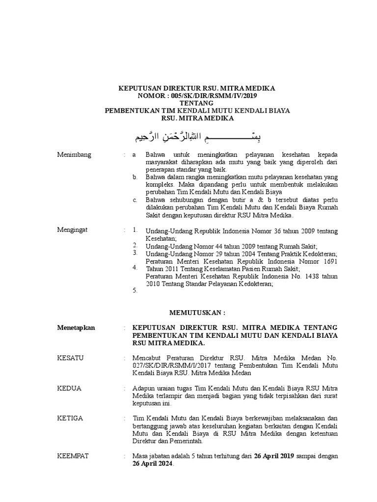 Sk Tim Kendali Mutu Kendali Biaya Tkrs
