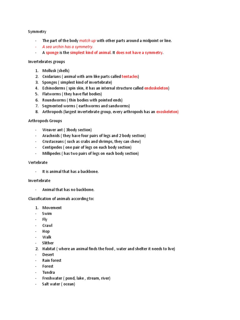 Match Up A Sea Urchin Has A Symmetry. Sponge Simplest Kind of Animal
