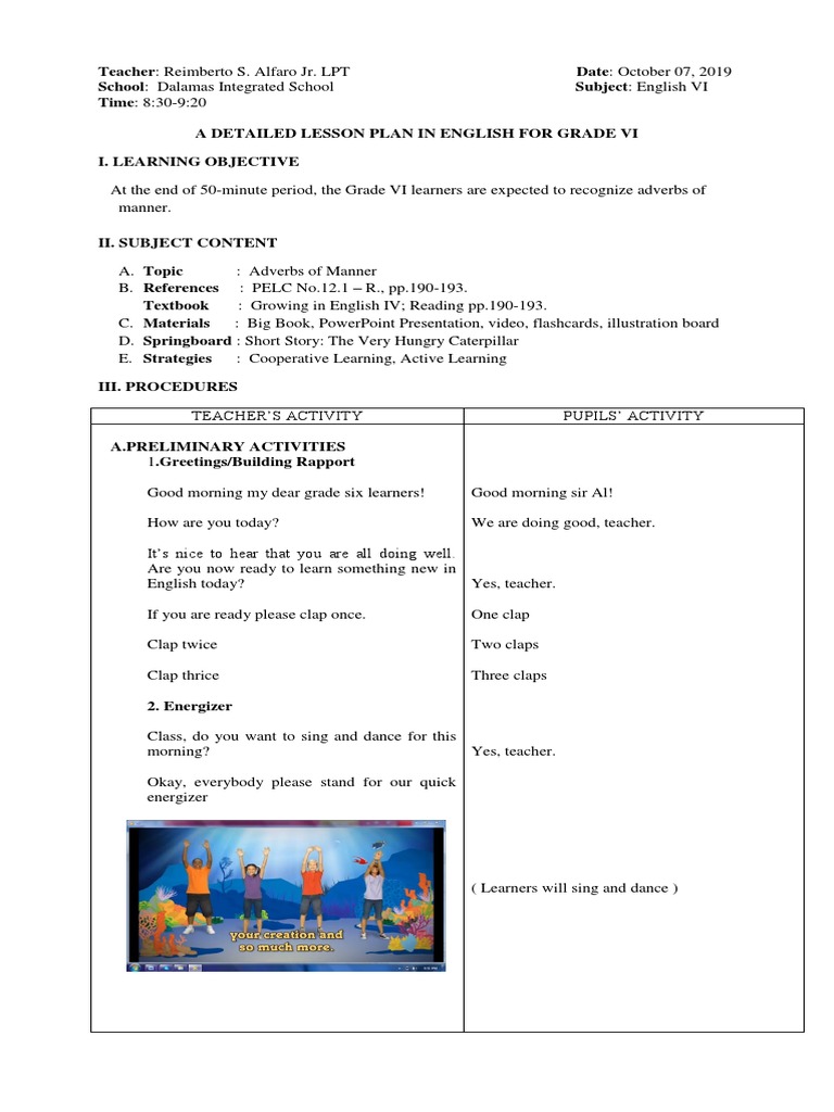 Grade 6 Adverbs of Manner Lesson Plan | PDF | Adverb | Lesson Plan