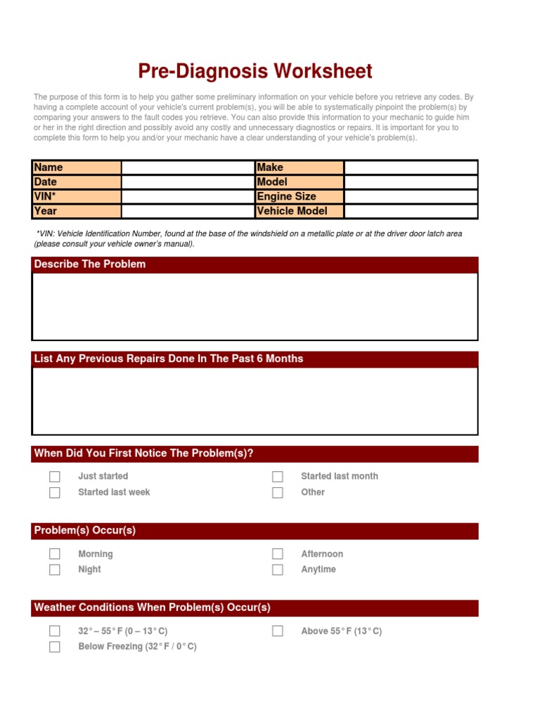 Vehicle Diagnostic Check Sheet | PDF | Transmission (Mechanics) | Vehicles