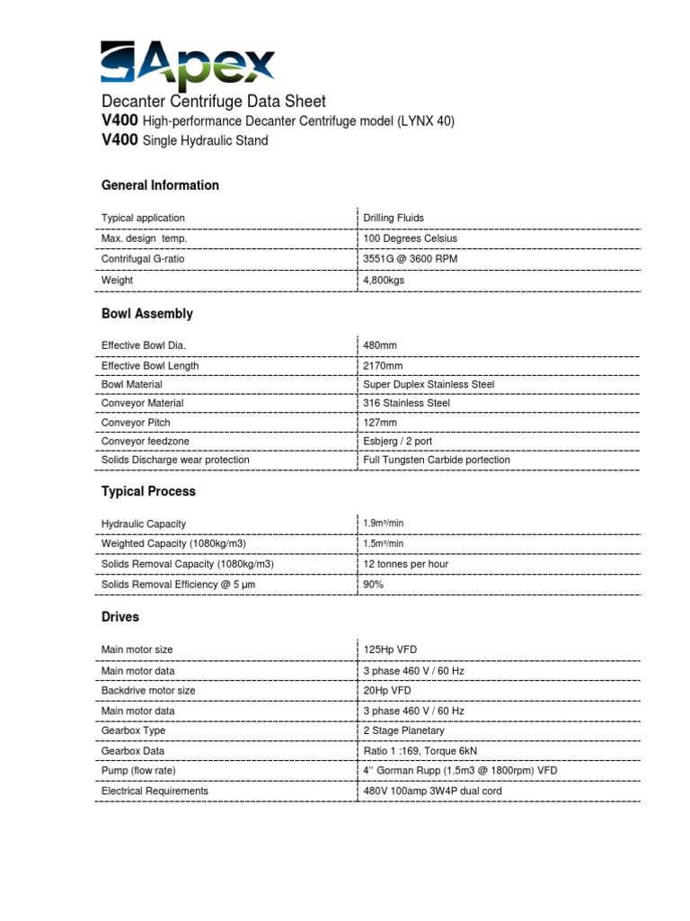 Decanter Centrifuge Data Sheet HighPerformance Decanter Centrifuge