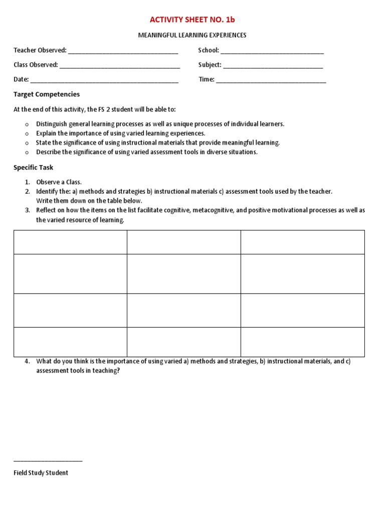 Activity Sheet No. 1B: Target Competencies | PDF | Career & Growth
