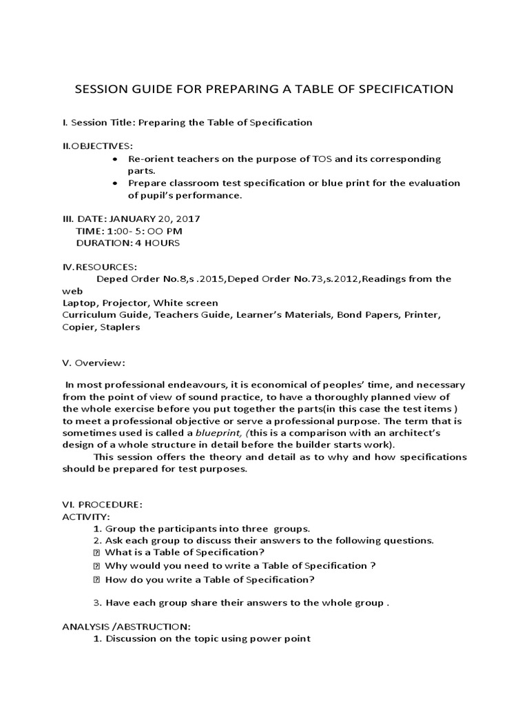 Session Guide For Preparing A Table of Specification | PDF