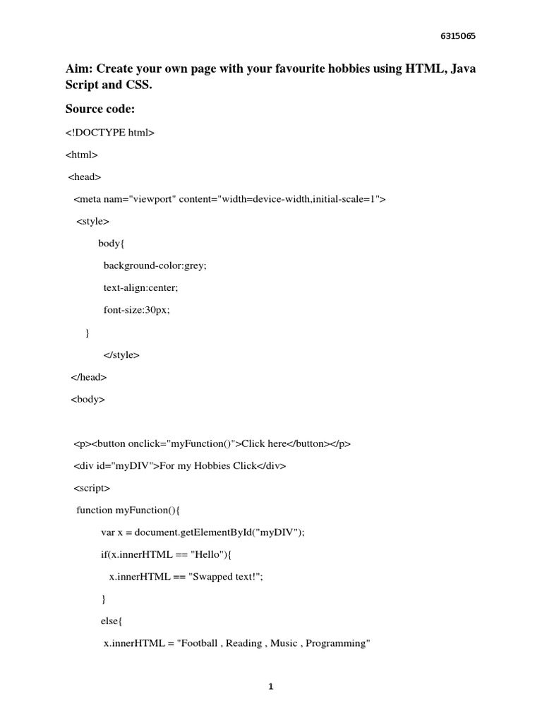 Aim: Create Your Own Page With Your Favourite Hobbies Using HTML, Java ...