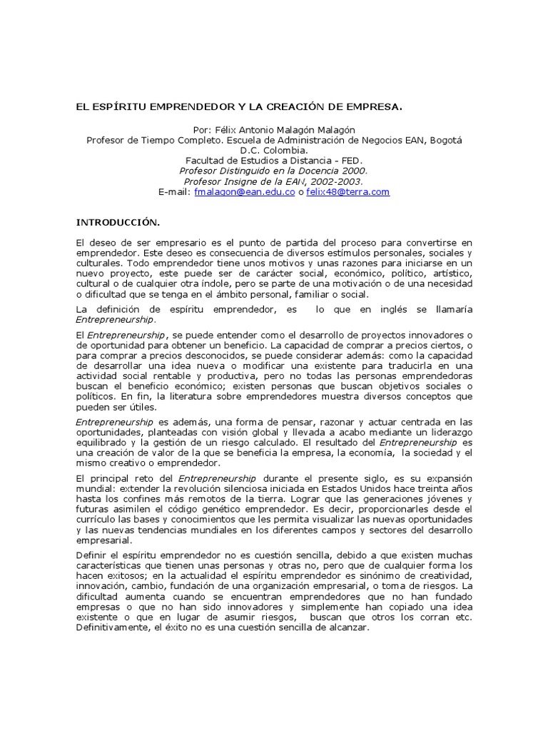 Espíritu Emprendedor y Creación Empresarial | PDF | Iniciativa ...