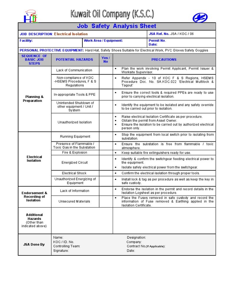 Job Safety Analysis Sheet: Electrical Isolation  PDF  Personal Intended For Electrical Isolation Certificate Template