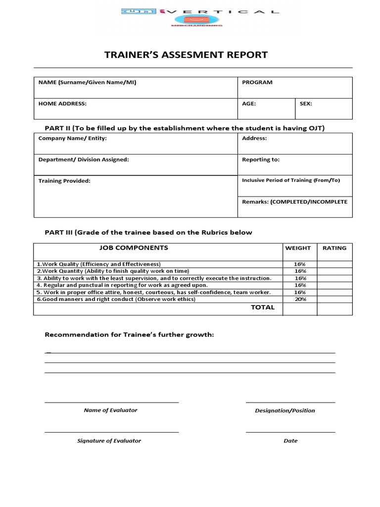 Trainer'S Assesment Report: PART II (To Be Filled Up by The ...