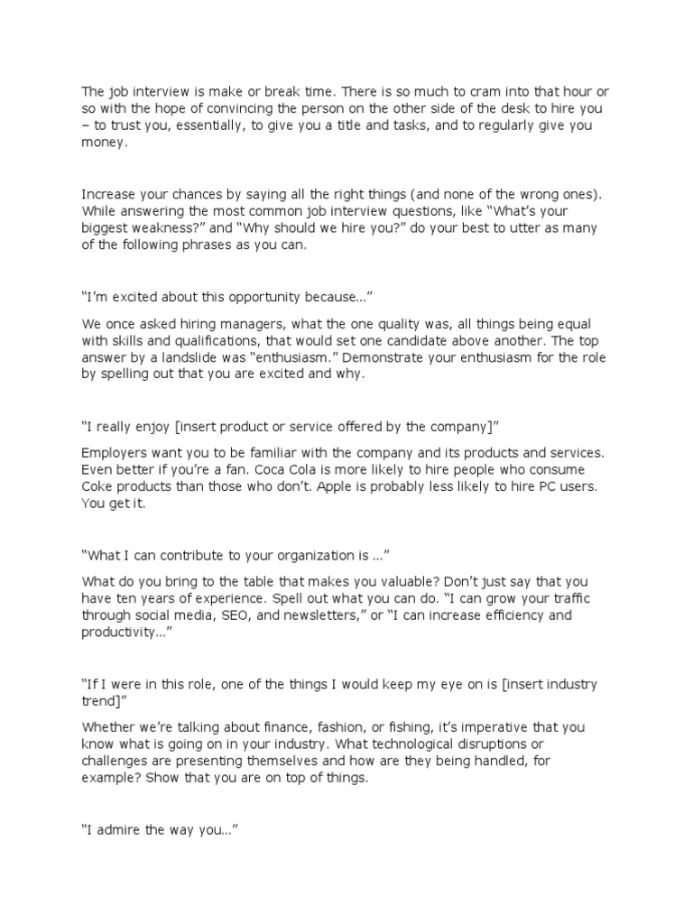 Key Phrases for Job Interview Success | PDF | Job Interview | Communication