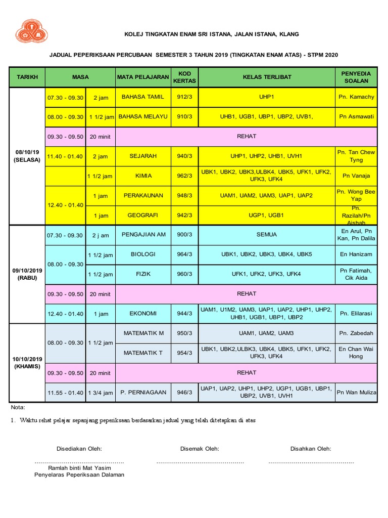 Jadual Trial Sem 3 | PDF