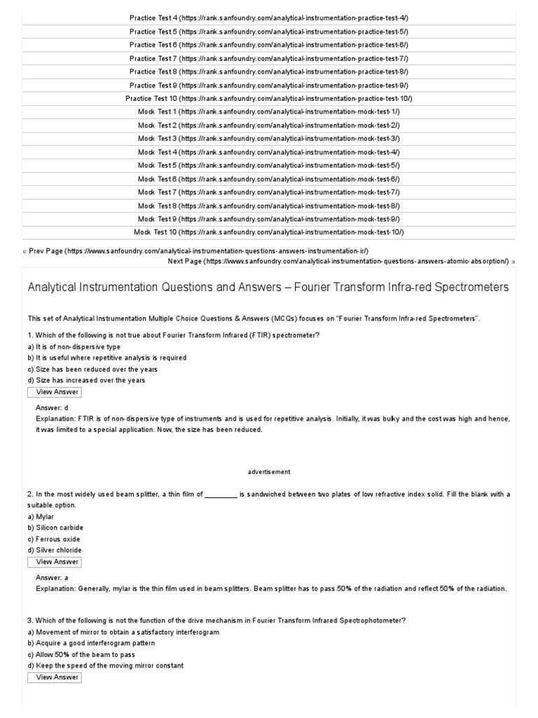 FTIR Spectrometers MCQs and Answers | PDF | Interferometry | Spectroscopy