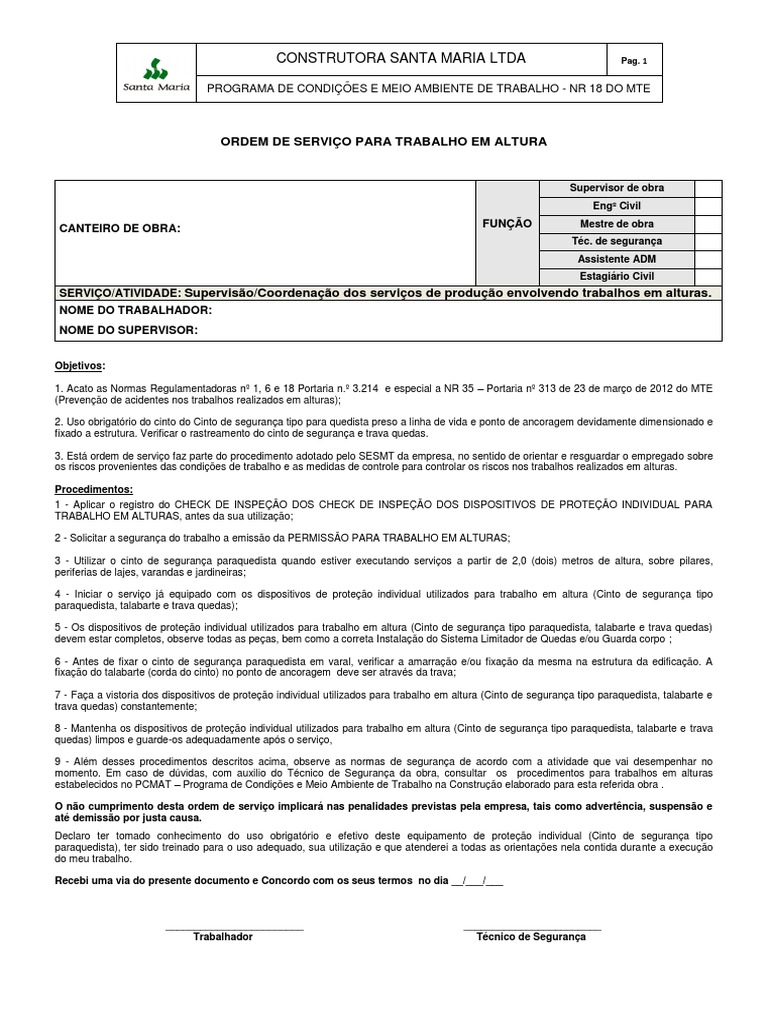 Ordem de Serviço para Trabalho em Altura | PDF