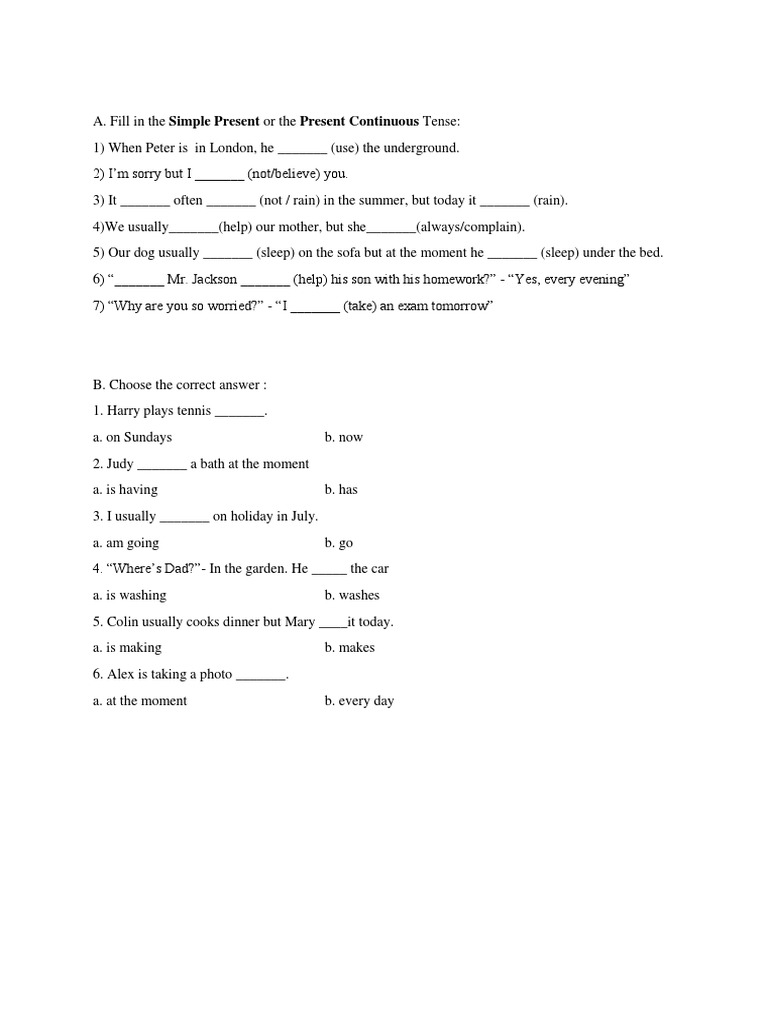 Simple Present vs Present Continuous Exercises | PDF | Language Arts ...