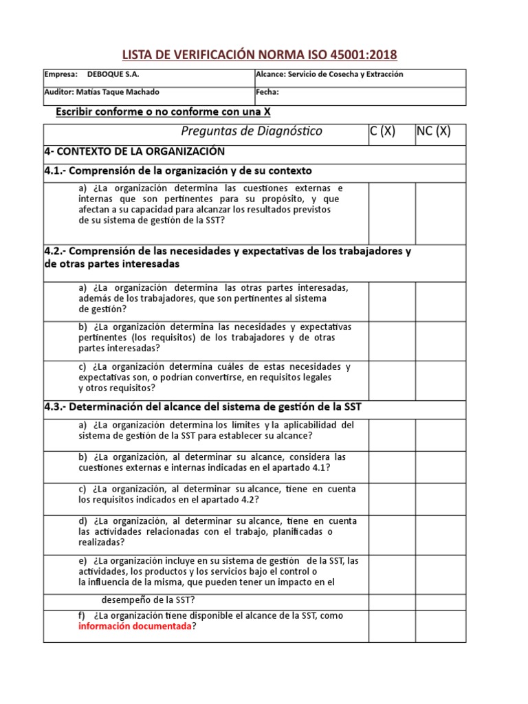 Lista de Verificación Cumplimiento Norma Iso 45001 | PDF ...