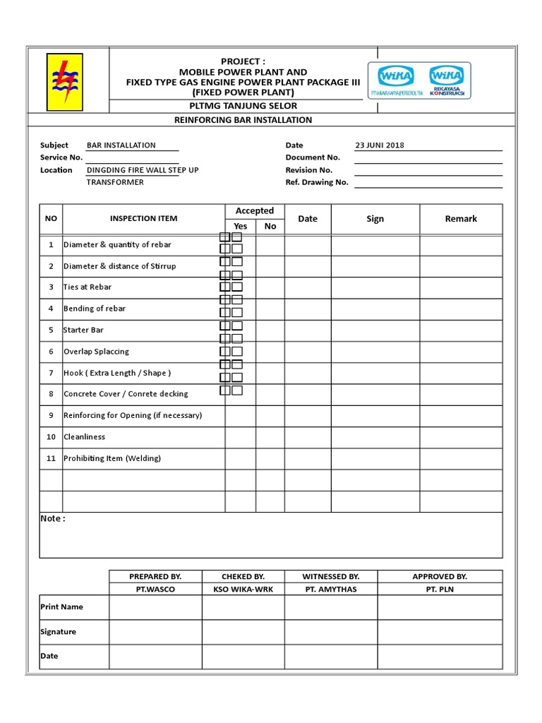 Rebar and Concrete Installation Checklist | PDF | Concrete | Structural ...