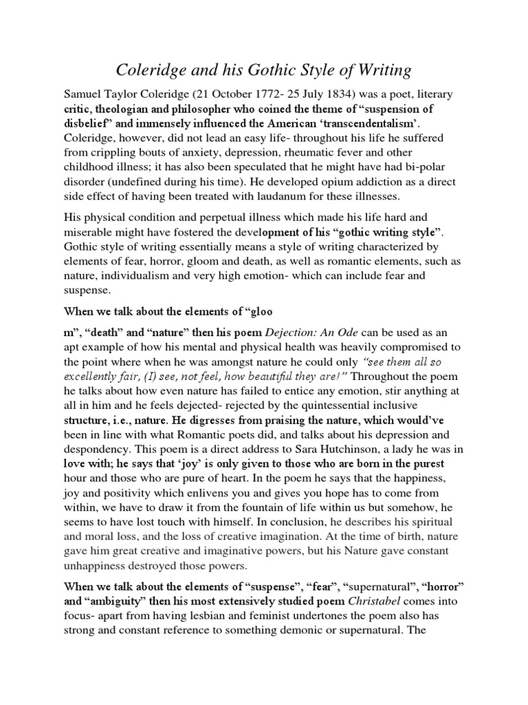 Coleridge and His Gothic Style of Writing PDF Samuel Taylor