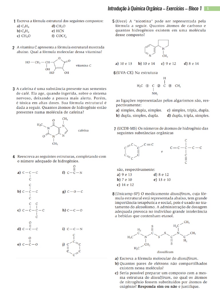 Introdução À Química Orgânica - Exercícios - Bloco 1 PDF | PDF