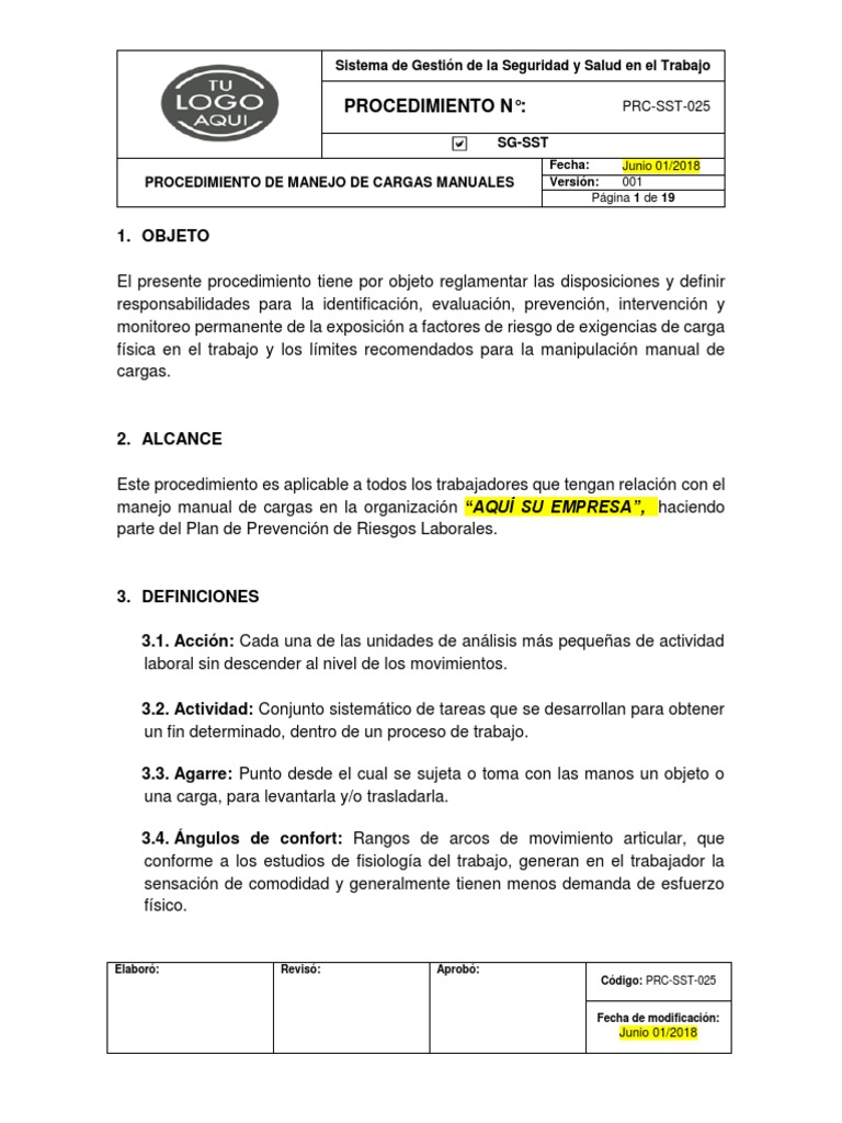 Procedimiento de Manejo de Cargas Manuales | PDF | Factores humanos y ...