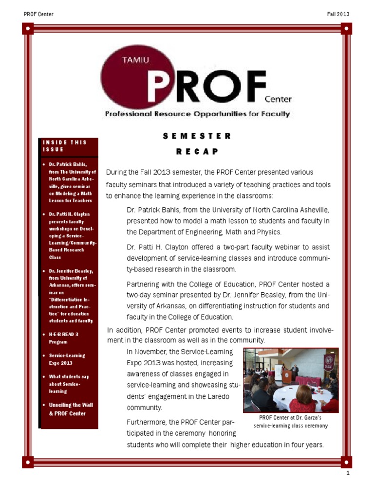 Fall 2013 PROF Center Seminar Recap | PDF | Service Learning | Teachers