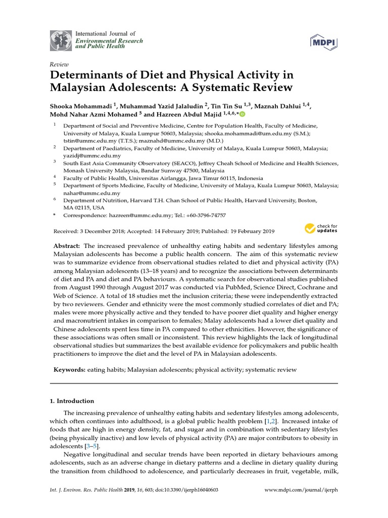 Determinants of Diet and Physical Activity in Malaysian Adolescents: A ...