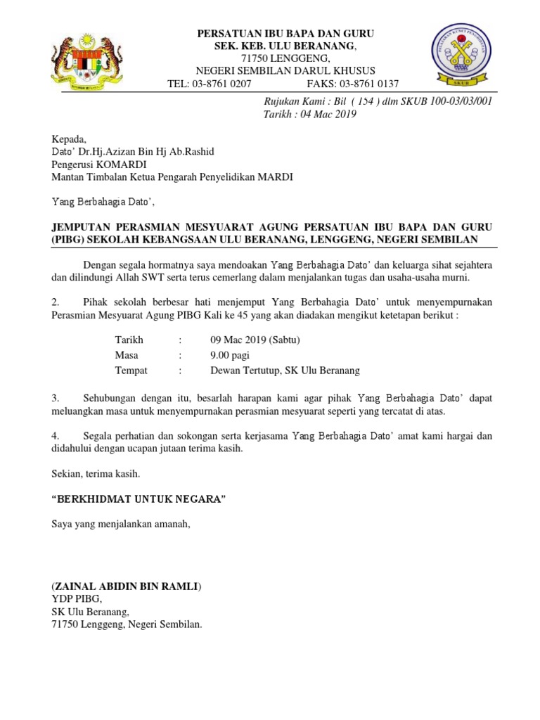 Contoh Surat Jemputan Perasmian Mesyuarat Agung Pibg 2019