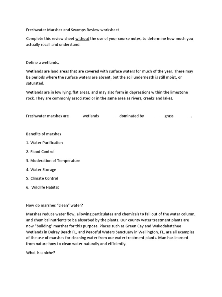 Freshwater Marshes and Swamps Review Worksheet | PDF | Marsh | Wetland