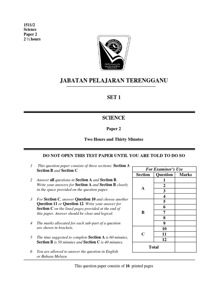 Terengganu Science Paper 2 Exam Set 1 | PDF | Lens (Optics) | Chemistry