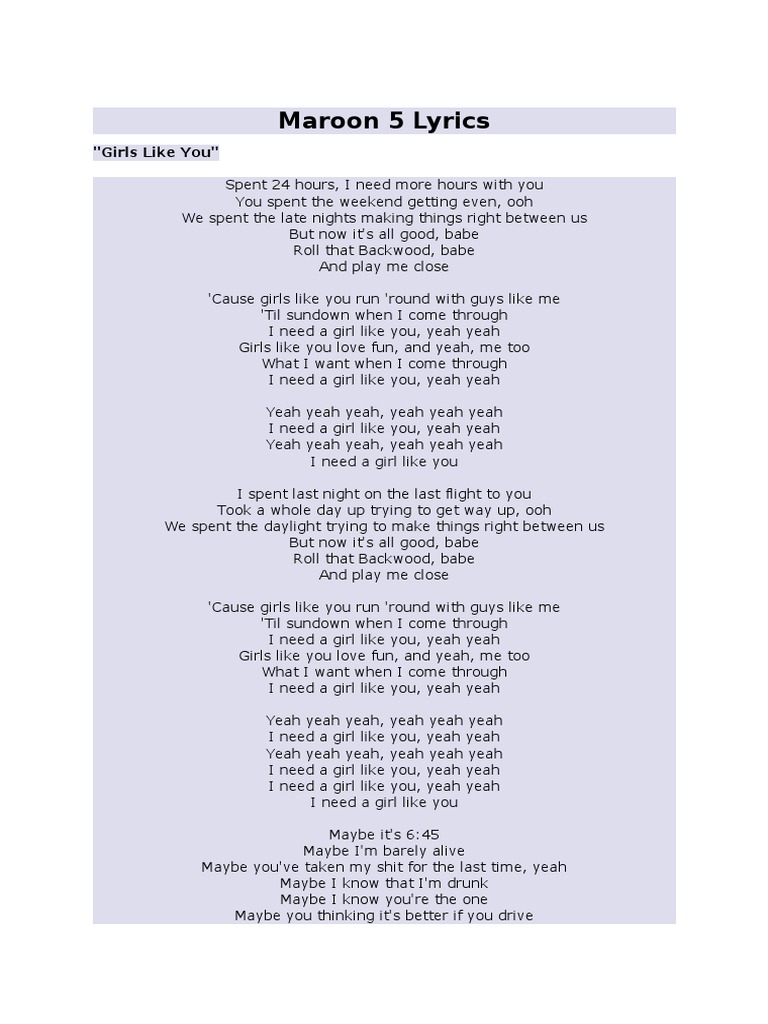 Maroon 5 Lyrics Girls Like You Recorded Music Albums Album five more hours by deorro. scribd