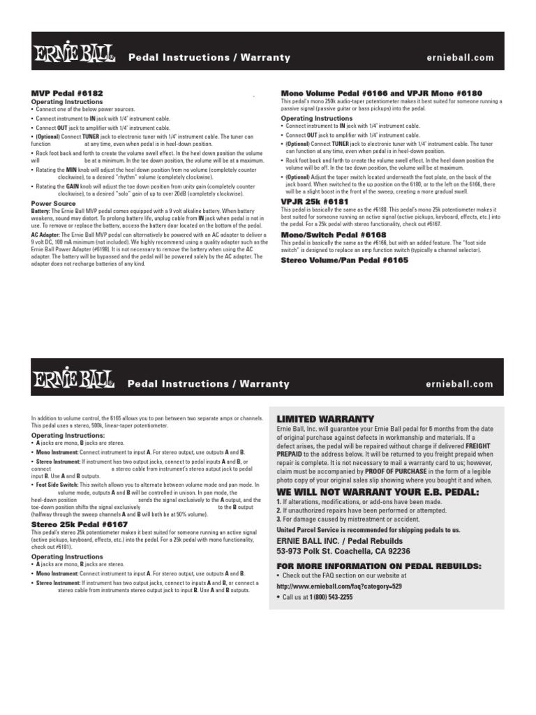 Ernie Ball Volume Pedal Instructions PDF Sound Sound Technology