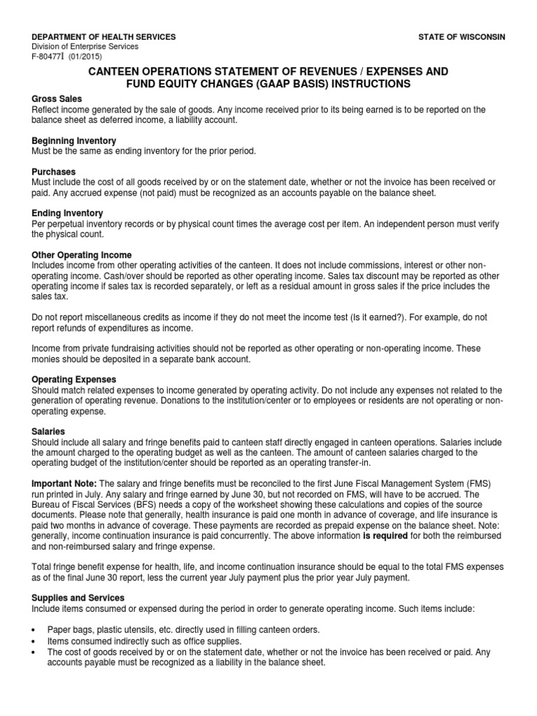 Canteen Operations Statement of Revenues / Expenses and Fund Equity