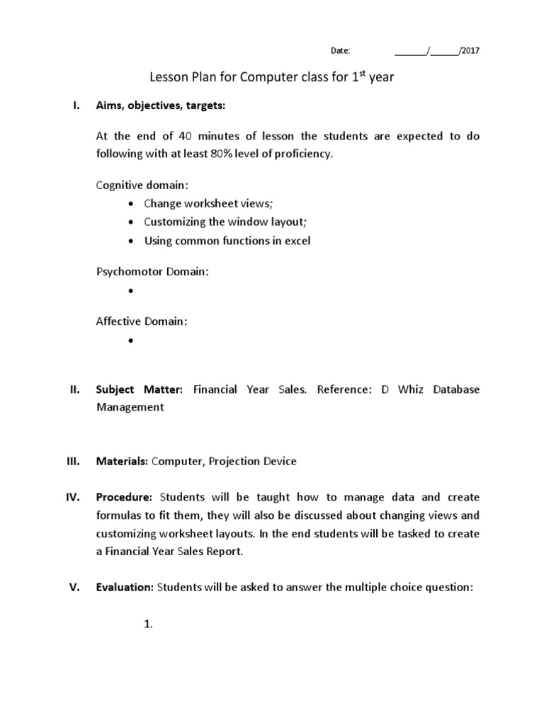 Lesson Plan For Computer Class For 1 Year: Date: / /2017 | PDF