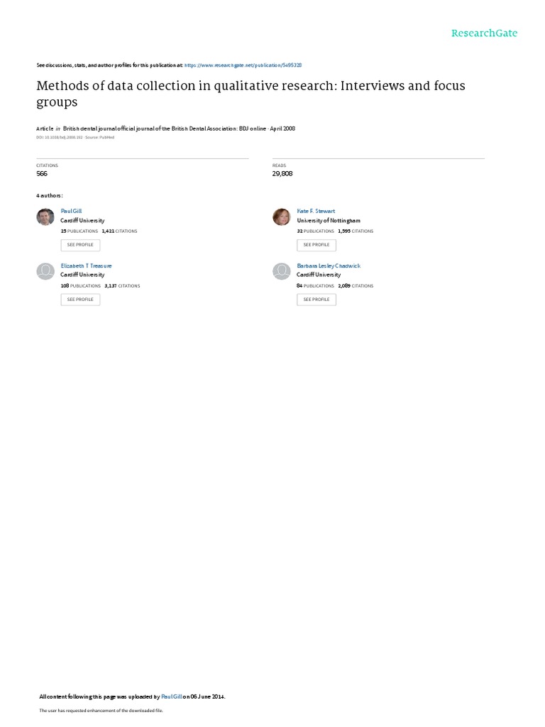 Methods of Data Collection in Qualitative Research Interviews and Focus Groups PDF Focus