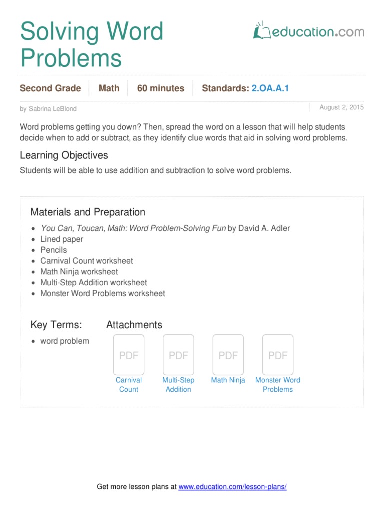 Solving Word Problems Worksheet Lesson Plan