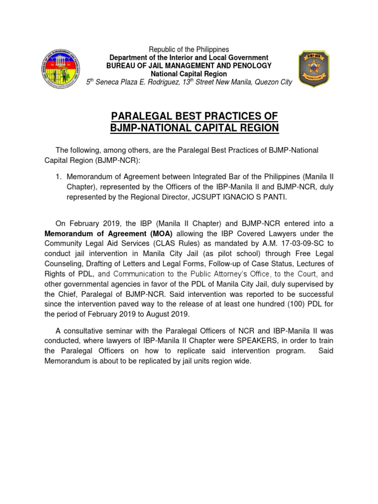 Paralegal Best Practices of BJMP PDF Paralegal Plea Bargain