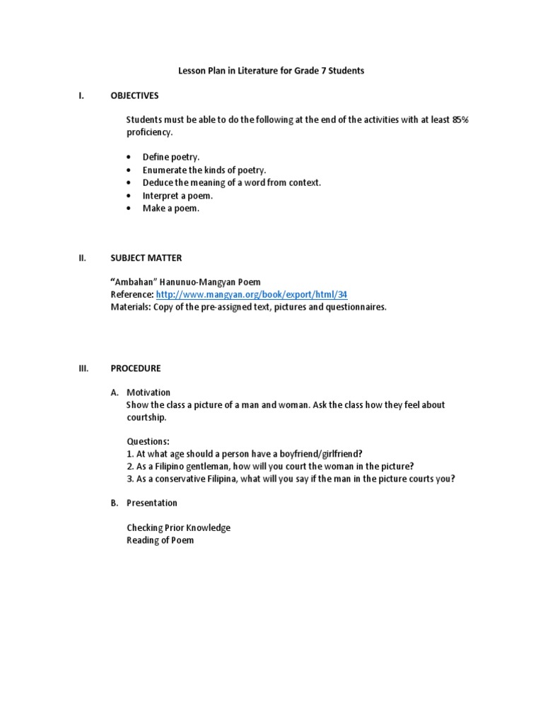 Lesson Plan in Literature For Grade 7 Students I. Objectives | PDF ...