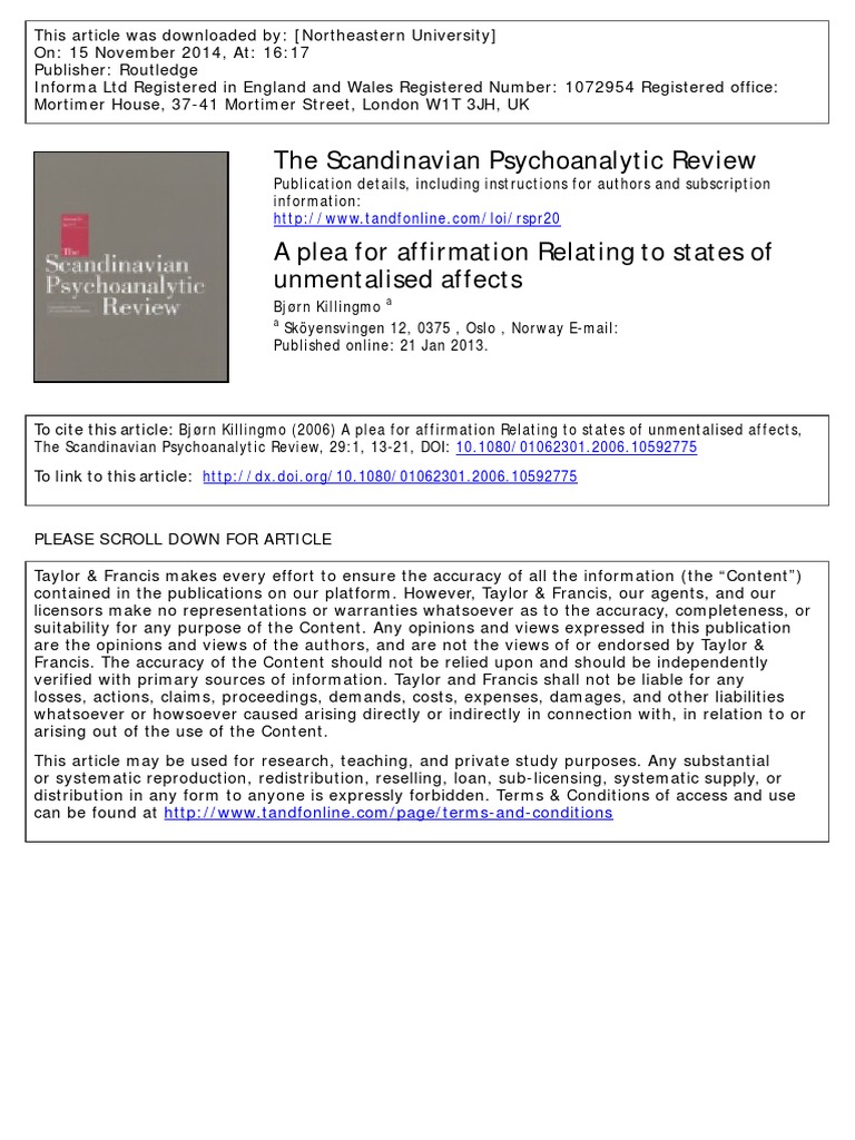 A Plea For Affirmation Relating To States of Unmentalised Affects | PDF ...