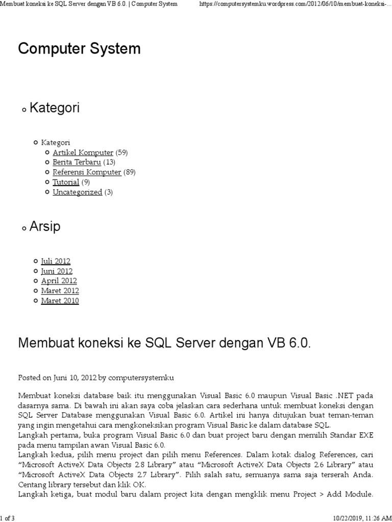 Koneksi Ke SQL Server Dengan VB Net PDF | PDF