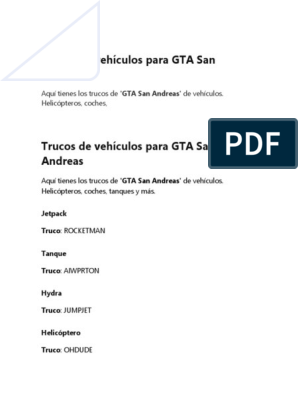 Aquí Tienes Los Trucos de 'GTA San Andreas' de Vehículos. Helicópteros,  Coches, PDF, Nintendo