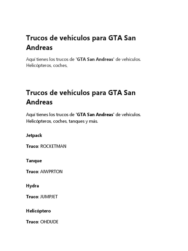 Aquí Tienes Los Trucos de 'GTA San Andreas' de Vehículos. Helicópteros
