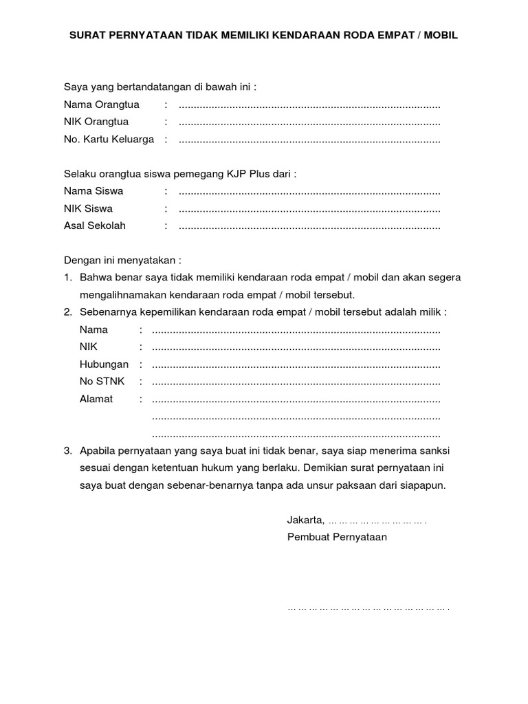 Surat Pernyataan Tidak Memiliki Kendaraan Roda 4 Pdf